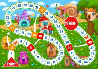 Kids board game with cartoon fairy houses and dwellings. Child roll and move game, kids playing activity. Children boardgame with fantasy seashell, beehive hut, flower, tree stump and acorn house