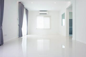 White empty space or room with ceramic tile floor in perspective view, ceiling, curtain, blind, light from door, ceiling strip light and air conditioner. Modern interior home design for background.