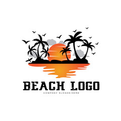 Naklejka premium vector beach logo template with sunset, coconut trees, fishing boats, sailboats, and flying birds, ocean waves, retro circle design concept
