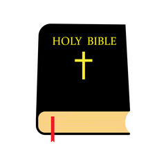 Holy bible icon. Yellow cross. Black book. Red ribbon. Religion concept. Flat design. Vector illustration. Stock image. 