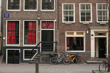 Fototapeta na wymiar empty windows of the red light district in the early morning in winter amsterdam