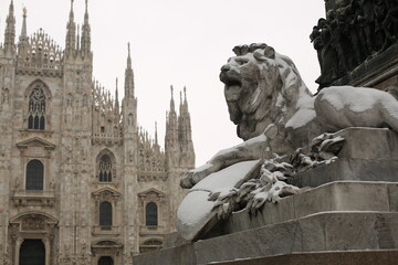 a snow-covered lion statue and cathedral of the duomo in Milano