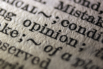 Word "opinion" printed on book page, close-up	