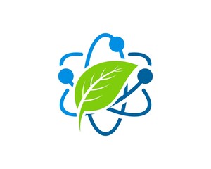 Atom symbol with green nature leaf inside