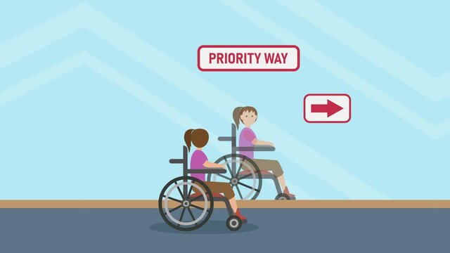 Disabled woman looking at priority way text