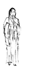 girl musician in chinese hanfu playing xiao flute, ink drawing in chinese style