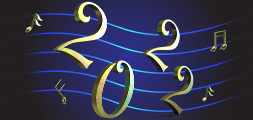 2022 number treble clef melody rock jazz classical band music song audio concert party golden wave symbol blue wallpaper happy new year celebration festival travel vacation winter december.3d render