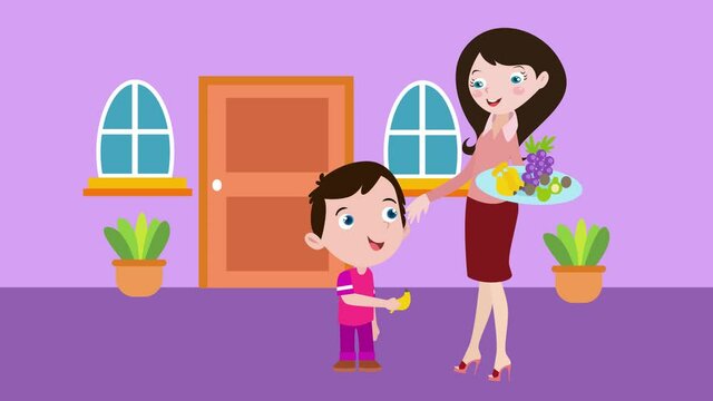 Mother giving banana to his son at home