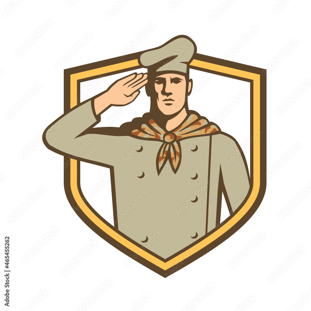Poster retro style illustration of a military chef or cook wearing camouflage uniform saluting viewed from 