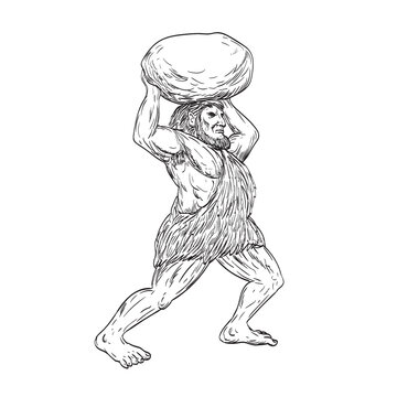 Drawing sketch style illustration of a Jentil or Jentilak a race of giants throwing rocks or stone in the Basque mythology viewed from side on isolated white background.