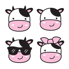 Cute funny cow faces with bow and sunglasses vector illustration.