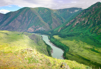Fototapeta na wymiar The valley of the Katun River among the mountains
