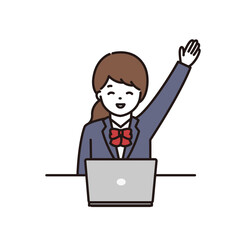 パソコンの前で笑顔で挙手をする制服の女子学生