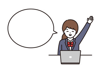 パソコンの前で笑顔で挙手をする制服の女子学生 吹き出し