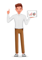 Businessman holding tablet graph and pointing finger up with successful idea character design. 3d vector illustration.