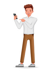 Businessman looking his smartphone character design. 3d vector illustration.