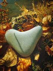 grey heart-shaped stone on yellow leaves