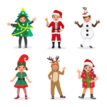 Happy children wearing Christmas costumes such as, Christmas tree, Santa clause holding bell, snowman, elf, reindeer, and gift box character. Vector of cute kids dressing in carnival holiday.