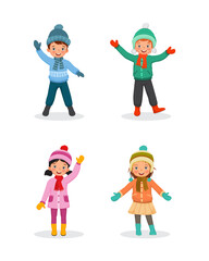 Set of children cartoon characters wearing winter clothes posing and waving hands.
