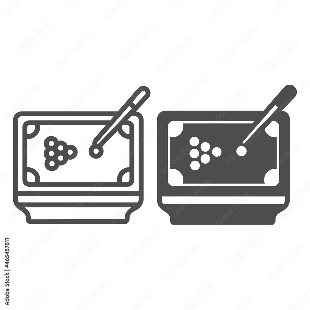 Poster billiard table with balls and cue line and solid icon, gamblimg concept, pool table vector sign on w