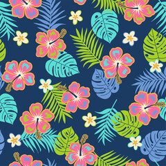 Hibiscus and tropical leaf seamless pattern background.