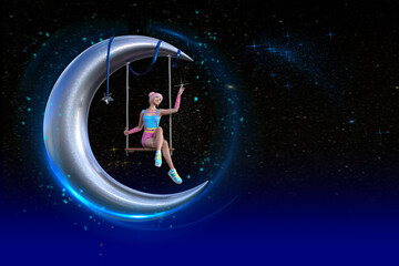 Obraz na płótnie Canvas 宇宙で三日月のような物体でブランコに乗り星をながめている女の子