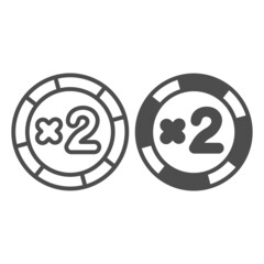 Casino bonus chip, blackjack double bet coin line and solid icon, gamblimg concept, poker token vector sign on white background, outline style icon for mobile concept and web design. Vector graphics. - obrazy, fototapety, plakaty