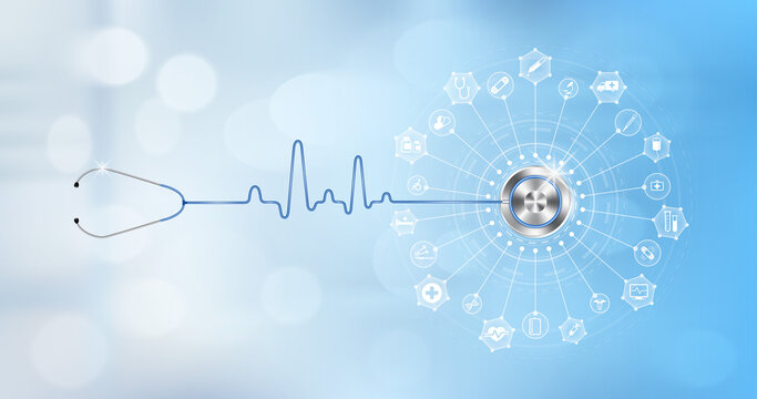 Medical examination diagnostic. Stethoscope and icon medical network connection with modern virtual screen interface, medical technology network concept. On blurred background. Realistic 3D Vector.