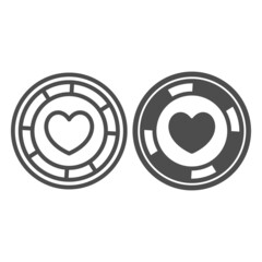 Casino chip with heart sign, poker coin line and solid icon, gamblimg concept, gambling token vector sign on white background, outline style icon for mobile concept and web design. Vector graphics.