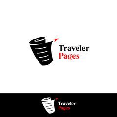 Traveler pages logo, paper roll logo with paper plane icon symbol vector template