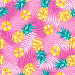 Pineapple and pink palm leaf seamless pattern background.