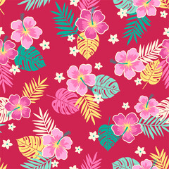Hibiscus flower and tropical leaf seamless pattern on red background.