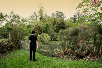 Fototapeta na wymiar person walking in the field in Ivoti , Rio Grande do Sul 