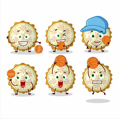 Talented lemon meringue pie cartoon character as a basketball athlete