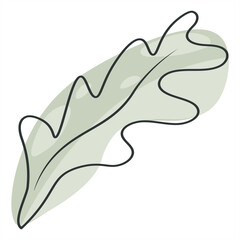 Line art of oak leaves. Minimal drawing of a green oak leaf in a sketch style, continuous line, isolated vector illustration. Scribble. For the design of pages of stories, background work, networks.