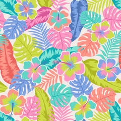 Tropical summer seamless pattern with hibiscus flower and tropical leaf. © NTRdesign