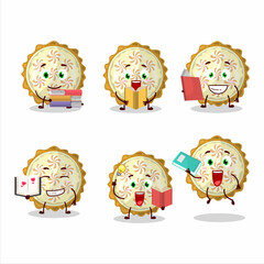 A picture of lemon meringue pie cartoon character concept reading an amusing book