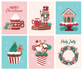 Set of Holiday desserts nutcracker and sweets illustration for cards, media, fabric, and wallpaper