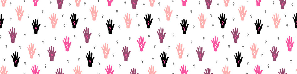 girl power.feminism pattern.feminism concept,women's rights. woman's hands seamless pattern.horizontal Web banner or poster. International Womens Day.print feminine sign of venus.raised hands pattern.