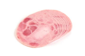 Cooked ham slices, isolated on white background.