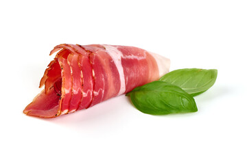 Dry cured jamon, serrano ham slices, isolated on white background.
