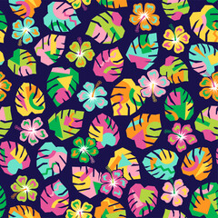 Fototapeta na wymiar Colorful hibiscus and tropical leaf vector seamless pattern background.