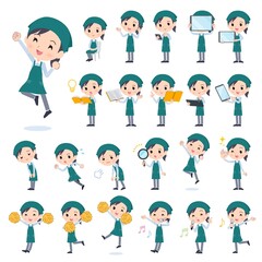 スマートフォンなどのデジタル機器を持つスーパーマーケット店員女性のセット