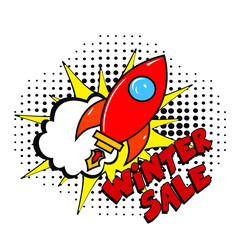 Winter Sale comic text pop art advertise. Stylish colorful retro comic speech bubble. Expression text Winter Sale. Perfect for sales discount banner, poster. Vector illustration, vintage design