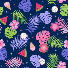Hibiscus, fruits and tropical leaf seamless pattern background