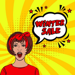 Winter Sale comic text pop art advertise. Stylish colorful retro comic speech bubble. Expression text Winter Sale. Perfect for sales discount banner, poster. Vector illustration, vintage design