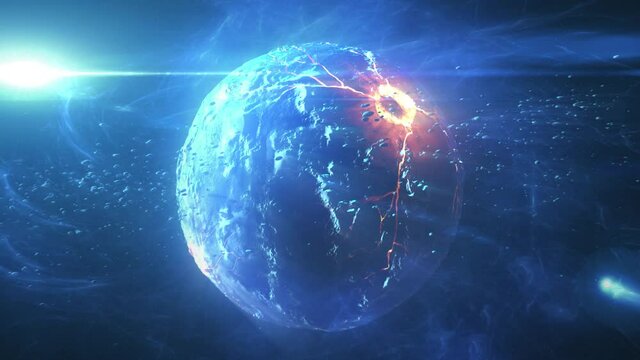 Dying planet in deep space with asteroids and sun flares
Cinematic view of destroyed death star after meteor asteroids impact
