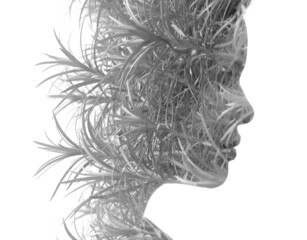 A black and white portrait of a woman combined with an image of rosemary twigs.