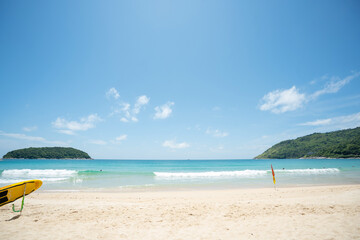Beautiful sea middle two mountains blue sky background.Landscape view beach sea and sand on summer.