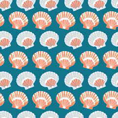 Nautical theme seamless pattern with flat shells on slate blue background.